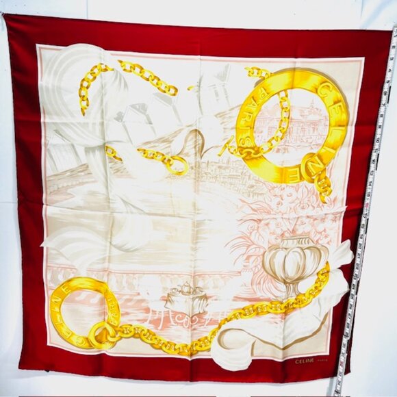 Vintage Celine Paris 100% Silk Scarf Satin 34" Beige Gold Chain Red trim (35) - Picture 15 of 15